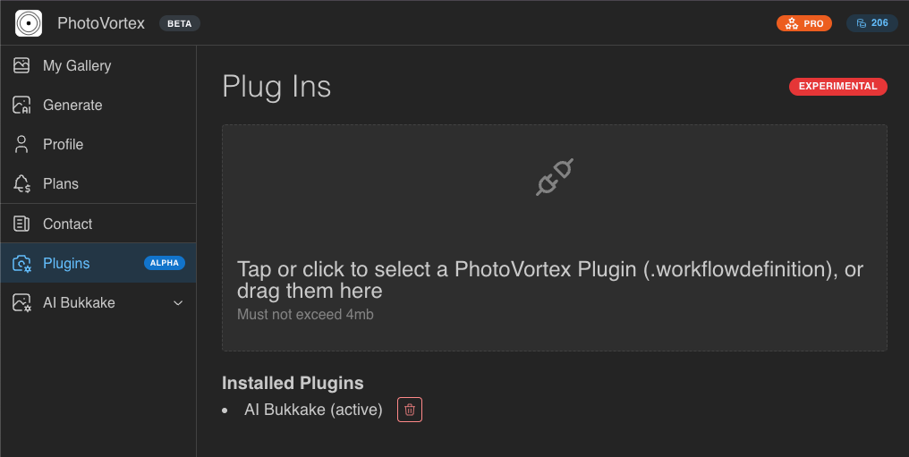 a screenshot of the plugin section in photovortex, which allows uploading the .vortex file